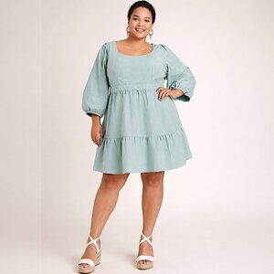 Ava & Viv Teal Tiered Balloon Sleeve Tie Back Dress Pockets 1X NWT